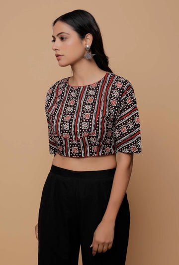 Black and Red  Handblock Printed Cotton Boxy Sleeve Round Neck Blouse